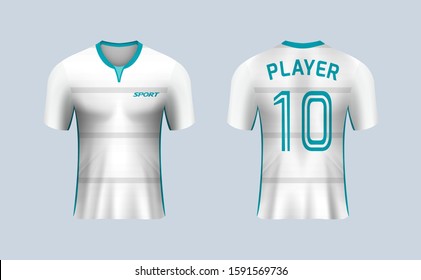3D realistic mock up of front and back of white soccer jersey t-shirt kit. Concept for football team uniform or apparel mockup in vector illustration. 