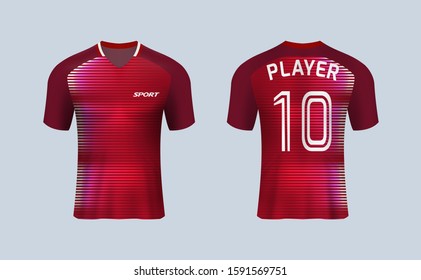 3D realistic mock up of front and back of red soccer jersey t-shirt kit. Concept for football team uniform or apparel mockup in vector illustration. 