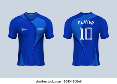 3D Realistic Mock Up Of Front And Back Of Blue Soccer Jersey T-shirt With Pants And Socks. Concept For Football Team Uniform Or Apparel Mockup Template In Design Vector Illustration