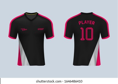 3D realistic mock up of front and back of black soccer jersey t-shirt kit. Concept for football team uniform or apparel mockup in vector illustration