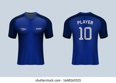 3D realistic mock up of front and back of blue soccer jersey t-shirt with pants and socks. Concept for football team uniform or apparel mockup template in design vector illustration