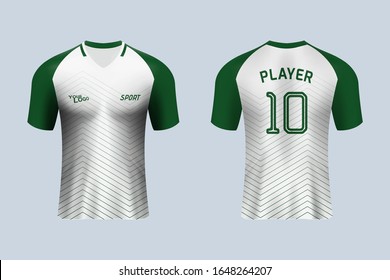 3D realistic mock up of front and back of green and white soccer jersey t-shirt with pants and socks. Concept for football team uniform or apparel mockup template in design vector illustration