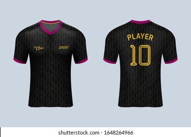 3D realistic mock up of front and back of black soccer jersey t-shirt with pants and socks. Concept for football team uniform or apparel mockup template in design vector illustration