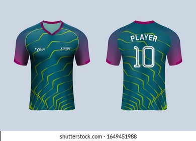 3D realistic mock up of front and back of green soccer jersey t-shirt kit. Concept for short sleeves football team uniform or apparel mockup in vector illustration