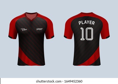 3D realistic mock up of front and back of red and black soccer jersey t-shirt kit. Concept for short sleeves football team uniform or apparel mockup in vector illustration