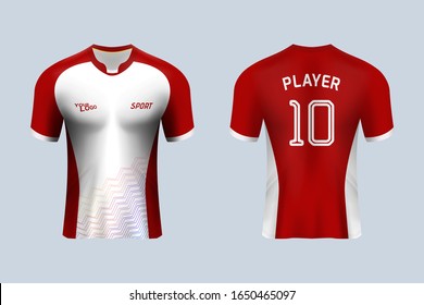 3D realistic mock up of front and back of red soccer jersey t-shirt kit. Concept for football team uniform or apparel mockup in vector illustration. Graphic fashion sport shirt