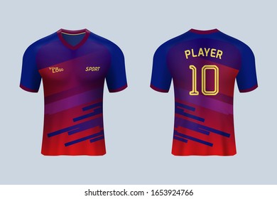 3D realistic mock up of front and back of red soccer jersey t-shirt kit. Concept for football team uniform or apparel mockup in vector illustration