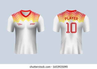 3D realistic mock up of front and back of white and red stripe pattern soccer jersey t-shirt kit. Concept for football team uniform or apparel mockup in vector illustration