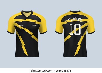 3D realistic mock up of front and back of yellow soccer jersey t-shirt .  Concept for football team uniform or apparel mockup template in design  vector illustration Stock Vector