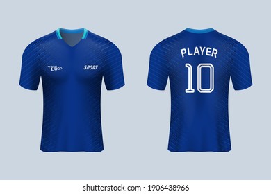 3D realistic mock up of front and back of blue soccer jersey t-shirt with pants and socks. Concept for football team uniform or apparel mockup template in design vector illustration
