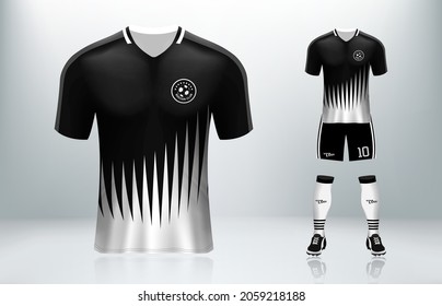 3D realistic mock up of front and back of white and black soccer jersey t-shirt  Concept for zebra stripe football team uniform or apparel mockup template in vector illustration.Soccer jersey design.