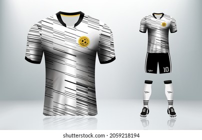 3D realistic mock up of front and back of white and black soccer jersey t-shirt  Concept for zebra stripe football team uniform or apparel mockup template in vector illustration.Soccer jersey design.