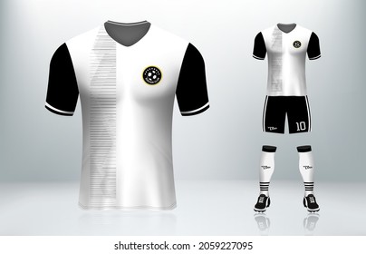 3D realistic mock up of front and back of white and black soccer jersey t-shirt  Concept for zebra stripe football team uniform or apparel mockup template in vector illustration.Soccer jersey design.