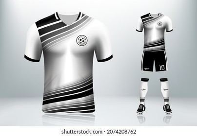 3D realistic mock up of front and back of white and black soccer jersey t-shirt  Concept for zebra stripe football team uniform or apparel mockup template in vector illustration.Soccer jersey design.