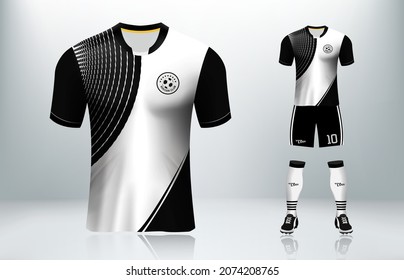 3D realistic mock up of front and back of white and black soccer jersey t-shirt  Concept for zebra stripe football team uniform or apparel mockup template in vector illustration.Soccer jersey design.