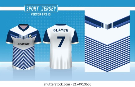 3D realistic mock up of front and back of white and blue soccer jersey t-shirt Concept for zebra stripe football team uniform or apparel mockup template in vector illustration. Soccer jersey design.