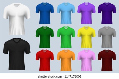 3D realistic mock up of front of V neck jersey t-shirt kit. Concept for apparel mockup template for pattern screen, it design in vector illustration
