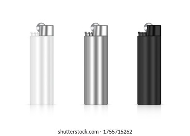 3D Realista Maqueta arriba Lighter Flame Packaging. Marca de mercancía de fuego. Plantilla de objeto sobre fondo blanco.