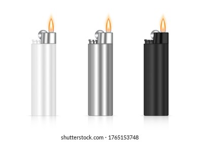 3D Realista Maqueta arriba Lighter Flame Packaging. Marca de mercancía de fuego. Plantilla de objeto sobre fondo blanco.