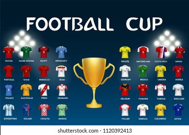 3D realistic mock up nation soccer jersey t-shirt with trophy cup. Concept for soccer team uniform or football apparel mockup template in design vector illustration
