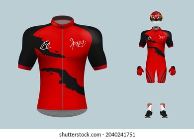 3D realistic mock up of red front and back of cyclist shirt. cycling sport shirt  jersey template. Concept for bicycling uniform or apparel mockup template in design vector illustration