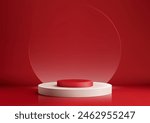 3D realistic mockup display empty white and red podium platform with transparent glass circle backdrop minimal wall scene red background. Use for beauty cosmetic presentation, showcase, Vector