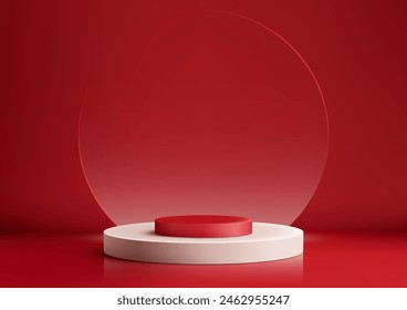 3D realista maqueta pantalla vacía plataforma de podio blanco y rojo con fondo de círculo de vidrio transparente escena de pared mínima fondo rojo. Uso para la presentación cosmética de la belleza, escaparate, Vector