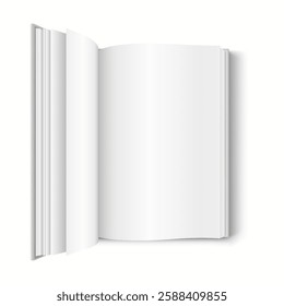 3D realistic mockup of an open book with blank pages and a soft cover, designed for book design previews.