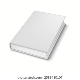 3D realistic mockup of an open book with blank pages displayed at an angle, ideal for presentations.