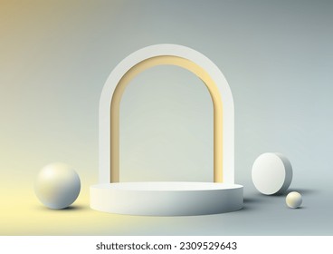 3D realistic mockup product display empty white podium with rounded frame backdrop decoration with geometric on gray background. Use for beauty cosmetic presentation, showcase, showroom, promotion