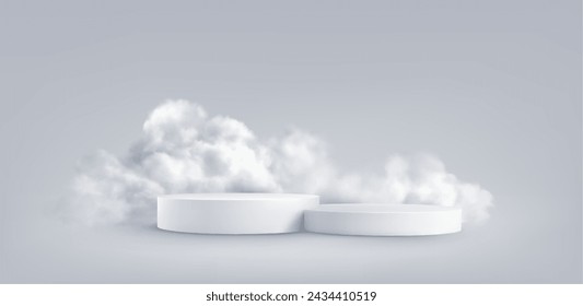 3d realistic mockup product podium display and fluffy clouds. Podium and white cloud isolated on gray background. Vector Illustration