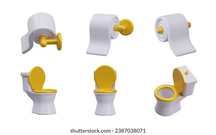 3d realistic model of handle toilet paper and ceramic toilet in different positions. Collection with different elements for bathroom. Vector illustration in 3d style