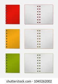 3D realistic model notebook with hard  cover. Vertical organizer with clean page. Template of color notepad or diary isolated on white. Mockup of empty open and closed book with silver spiral