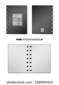 3D realistic model notebook with hard  cover, pen. Vertical organizer with clean page. Template of notepad, diary isolated on white background. Mockup of empty open and closed book with silver spiral