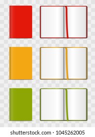 3D realistic model opened and closed color notebook. Vertical organizer with clean white pages. Template of notepad or diary isolated. Mock up of empty book or blank copybook