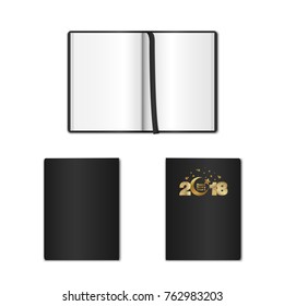 3D realistic model opened and closed black notebook. Vertical organizer with clean white pages. Template of notepad or 2018 diary isolated on white background. Mock up of empty book or blank copybook