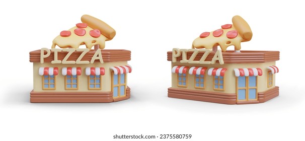 3d realistic model of pizza house. Concept of pizzeria cooking and selling pizza. Shop in cartoon style. Vector illustration in red, yellow and brown colors