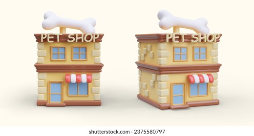 3d realistic model of store selling products for animals. Concept of pet shop in different sides. Pet food store. Vector illustration in brown and yellow colors