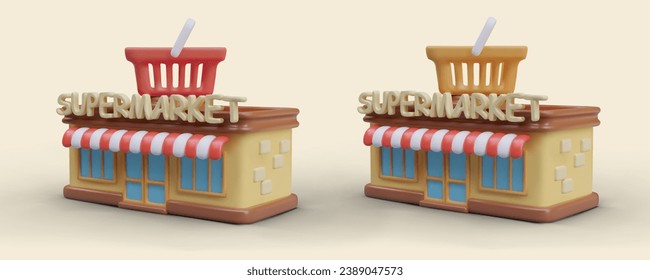 3d realistic model of supermarket on yellow background. Shopping red cart on grocery store. Shopping store supermarket. Buying groceries and different products. Vector illustration