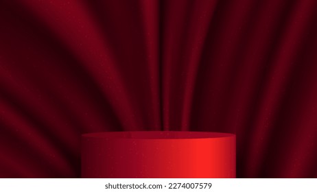 3D realistic modern luxury red cylinder podium stand with rred silky fabric crease background and texture. Product display for beauty cosmetic, studio room, showroom, showcase, presentation, etc.