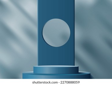 3D realistic modern luxury style empty blue cylinder podium stand product display with circle backdrop and leaf shadow light blue background. You can use for cosmetic mockup presentation, promotion