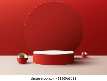 3D realistic modern luxury style empty red and white podium platform with circle backdrop and golden balls on red background and natural lighting. You can use for beauty cosmetic presentation, show