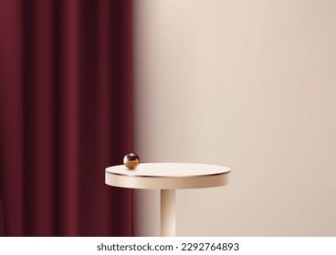 3D realistic modern luxury style golden round table or podium decoration with gold balls and red curtain backdrop on beige background. You can use for product display presentation mockup, beauty