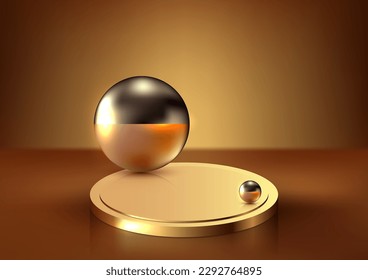 3D realistic modern luxury style golden podium decoration with gold balls on brown background. You can use for product display presentation mockup, beauty cosmetic, showcase, etc. Vector illustration