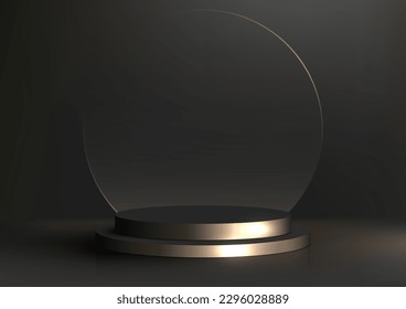 3D realistic modern luxury style gold black cylinder podium platform with transparent glass circle backdrop on dark background. You can use for beauty cosmetic presentation, showcase mockup, showroom