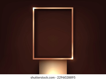 3D realistic modern luxury style golden podium stand with gold geometric rectangle frame backdrop on brown background. You can use for beauty cosmetic presentation, showcase mockup, showroom, product