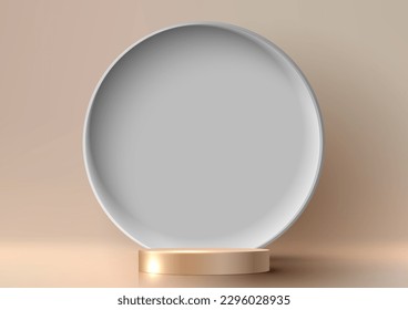 3D realistic modern luxury style shiny golden metallic podium stand and lighting effect with white circle backdrop on beige background. You can use for beauty cosmetic presentation, showcase mockup