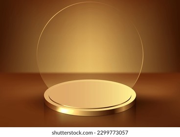 3D realistic modern luxury style golden podium with transparent glass circle on brown background. You can use for product display presentation mockup, beauty cosmetic, showcase, etc. Vector