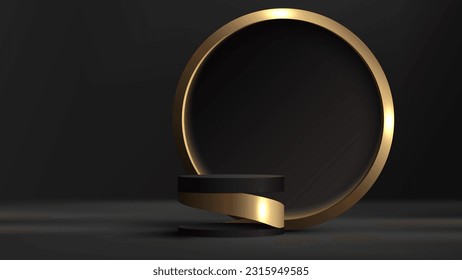 3D realistic modern luxury style empty black and gold cylinder podium stand with circle backdrop on dark background. Product display mockup for cosmetic, showroom, showcase, presentation, etc. Vector