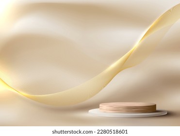 3D realistic modern luxury wood podium stand with abstract golden wave lines and lighting effect on fabric satin beige color background. Product display for cosmetic, showroom, showcase, presentation